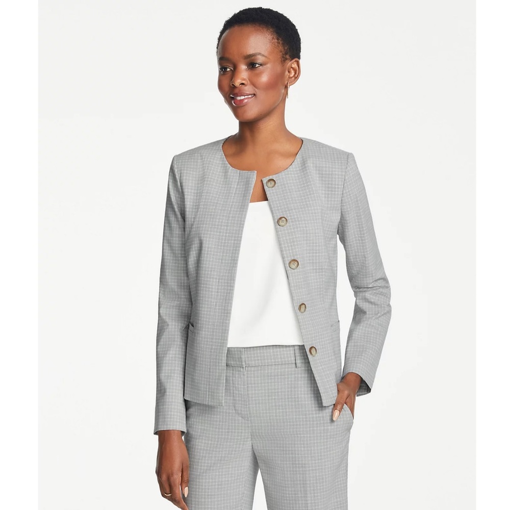 Ann Taylor light gray Crewneck jacket in graphic check